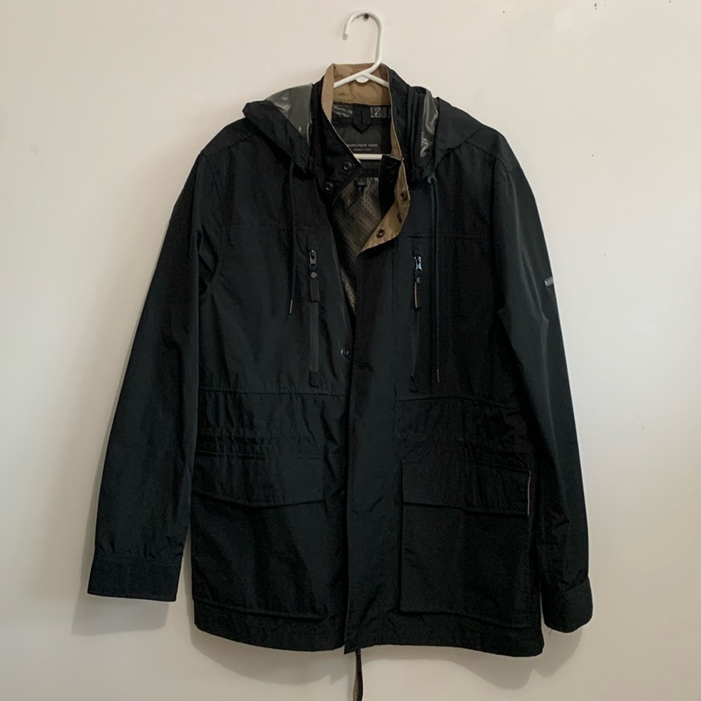 Marc New York Men's Hooded Wind Breaker Field Jacket Size L Black/Tan